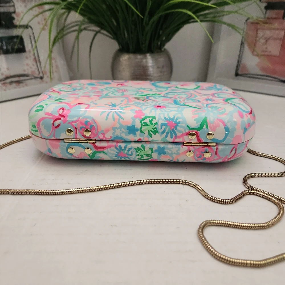 Lilly Pulitzer Hardshell Clutch Floral Pastel Crossbody Bag with Gold Chain